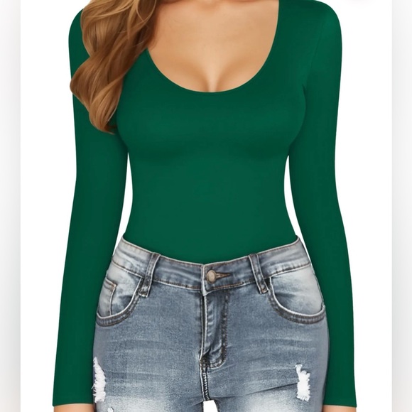MANGOPOP Women’s Green Long Sleeve Bodysuit Scoop Neck, Size XXL, NWT - Picture 2 of 7